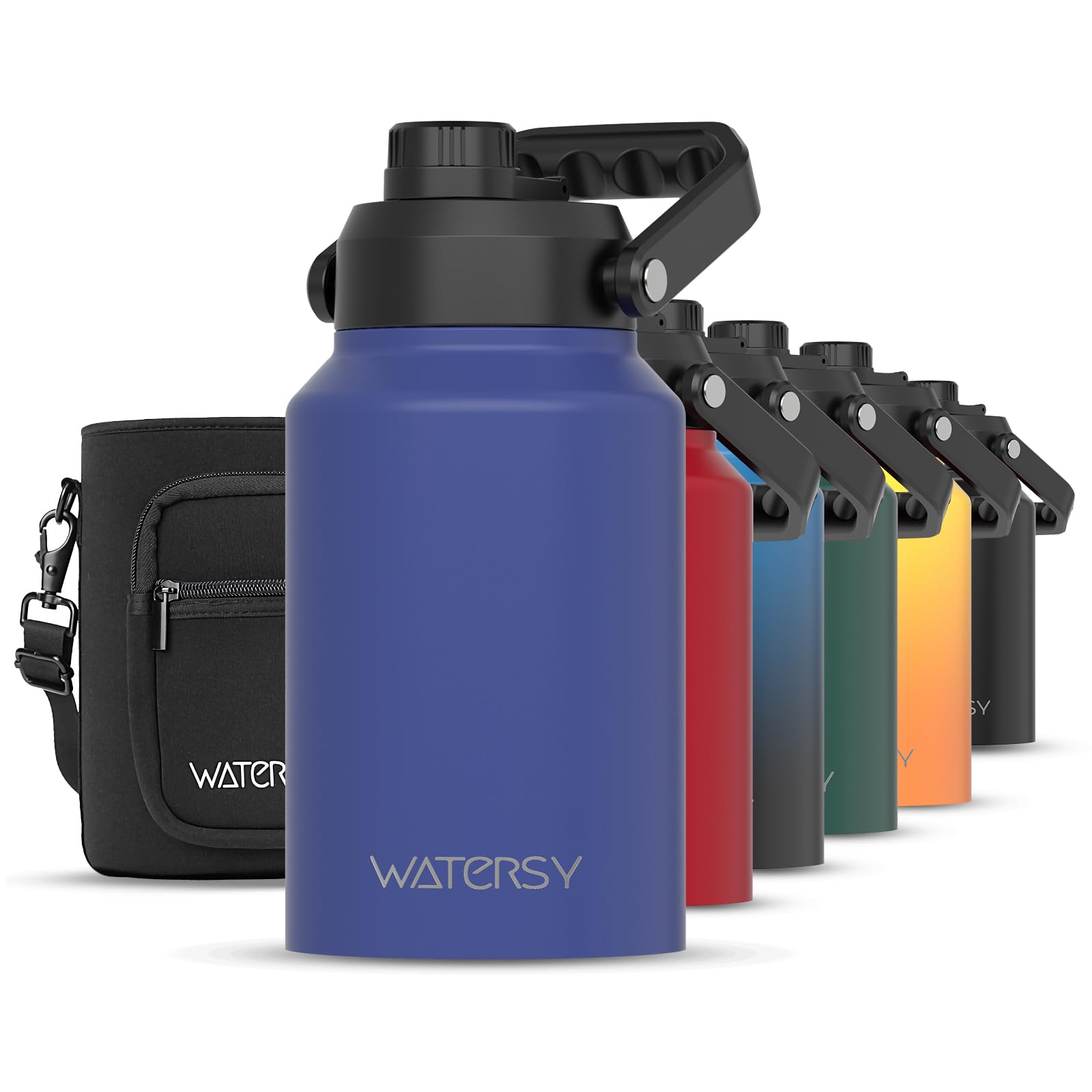 WATERSY Half Gallon Water Bottle Insulated(Cold for 48 Hrs),BPA Free&amp;Leak Proof,64oz Stainless Steel Water Jug/Flask,Big thermo,Large Water Bottle with Handle for Gym,Hiking,Camping,Deep Blue