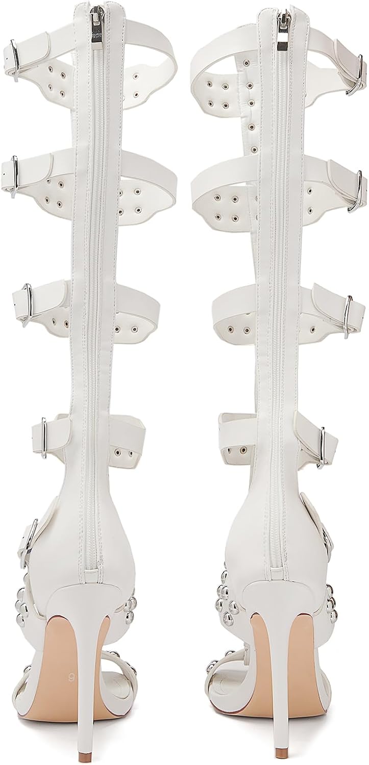 Women's 4.3IN Hollow Open Toe Knee High Boots Metal Buckle Stiletto Heels Nightclub Party Wedding Shoes - Image 6