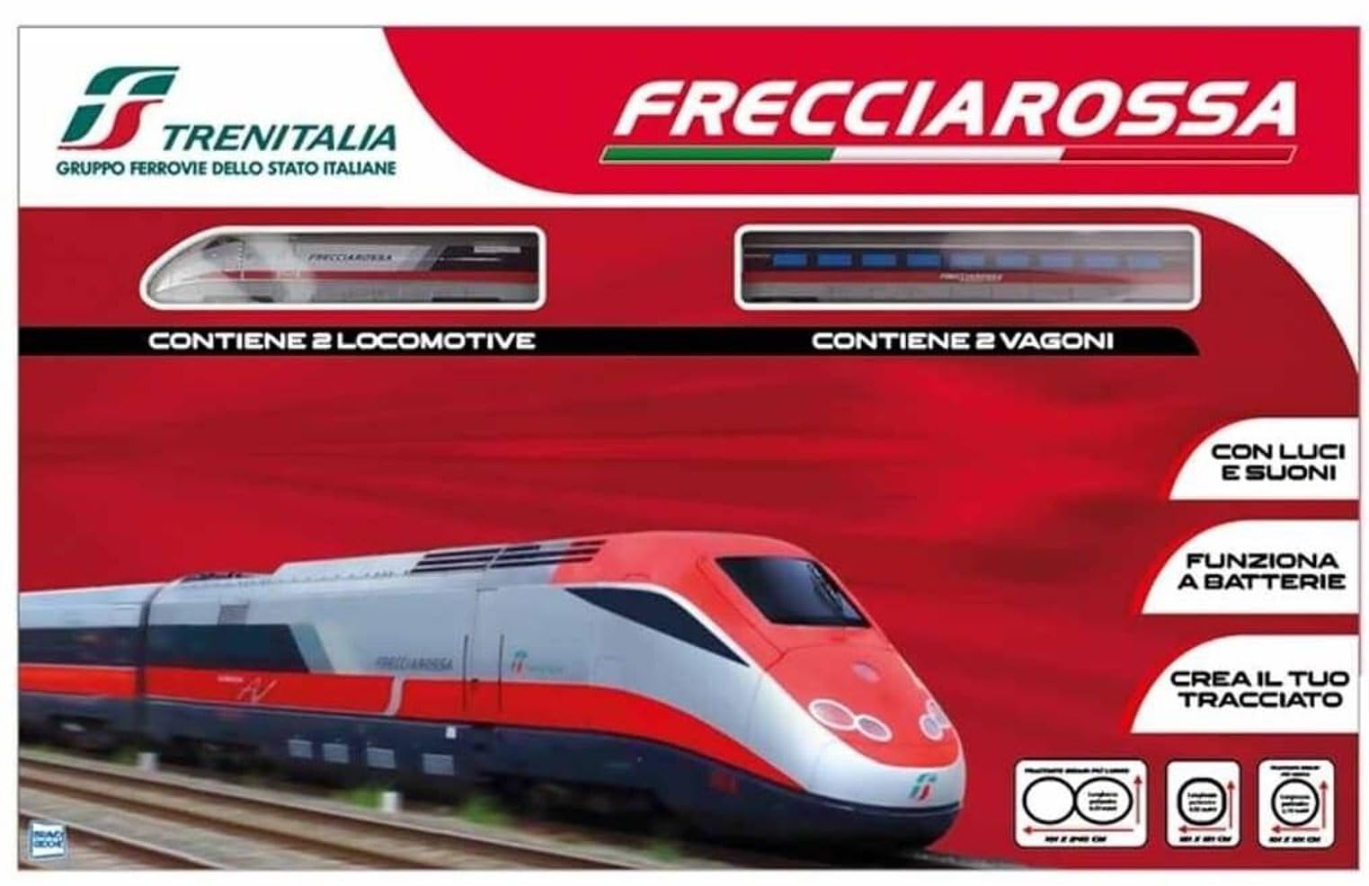 Pista Trenitalia Frecciarossa ERT 500 Scala 1:43 con luci e Suoni - Treno Giocattolo 2 locomotive 2 vagoni e 3 tracciati binari- Funzionamento a Batteria + portachiave cubo