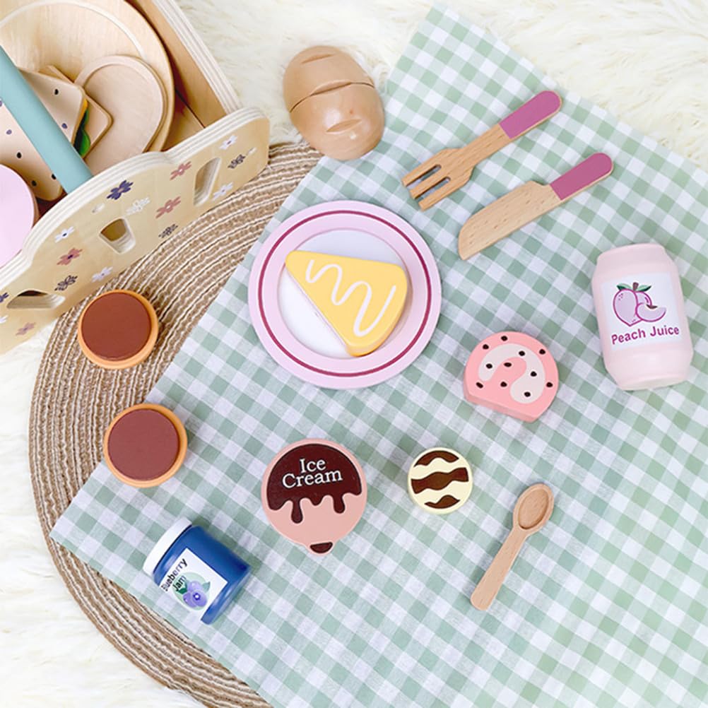 Set da Picnic in Legno, Set di Gioco per Finta tè del Pomeriggio con Dessert