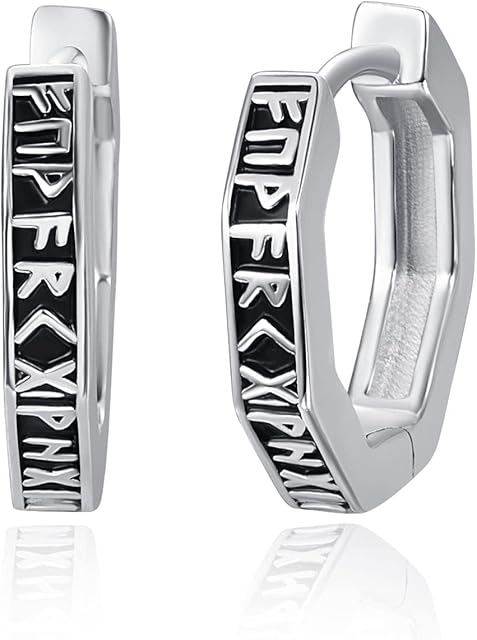 Viking Hoop Earrings 925 Sterling Sliver Nordic Runes Vintage Sleeper Black Hoop Earring for Men Unisex