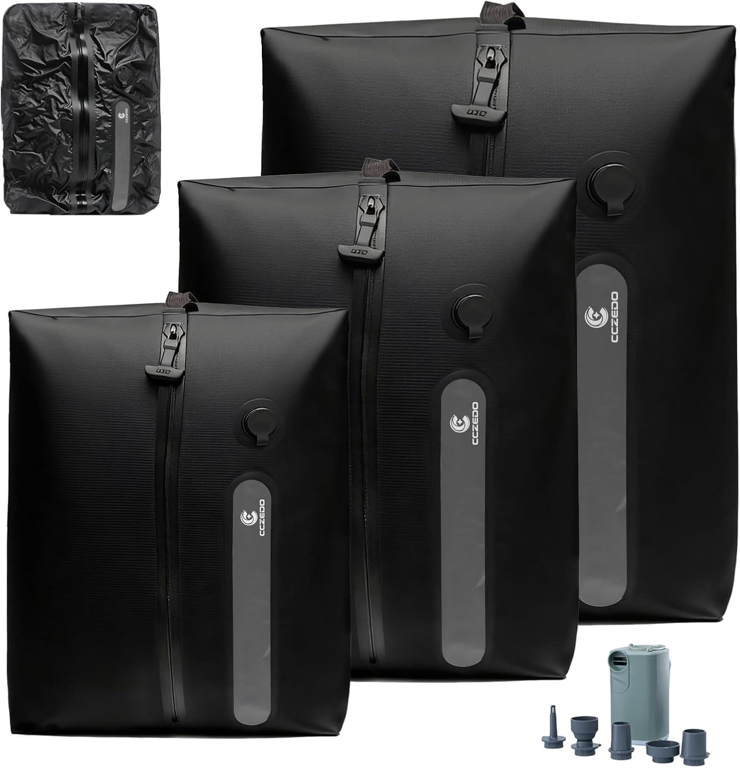 Travel Vacuum Storage Bags with Portable Pump, 3 Pcs IP68 Reusable Extra Large Compression Storage Bags, Space Saver for Clothes, Blanket, Comforter, Fits 20-28 Inch Suitcase, Holds Up to 50+ Items