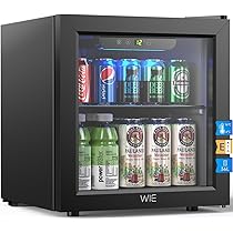WIE Mini Frigo 36L con Compressore, Frigo Vetrina 55 Lattine, Temperatura Regolabile 4-16°C, Porta in Vetro, Silenzioso 43 dB, Classe E, LED, Porta Reversibile – Per Casa, Ufficio, Bar, Camper