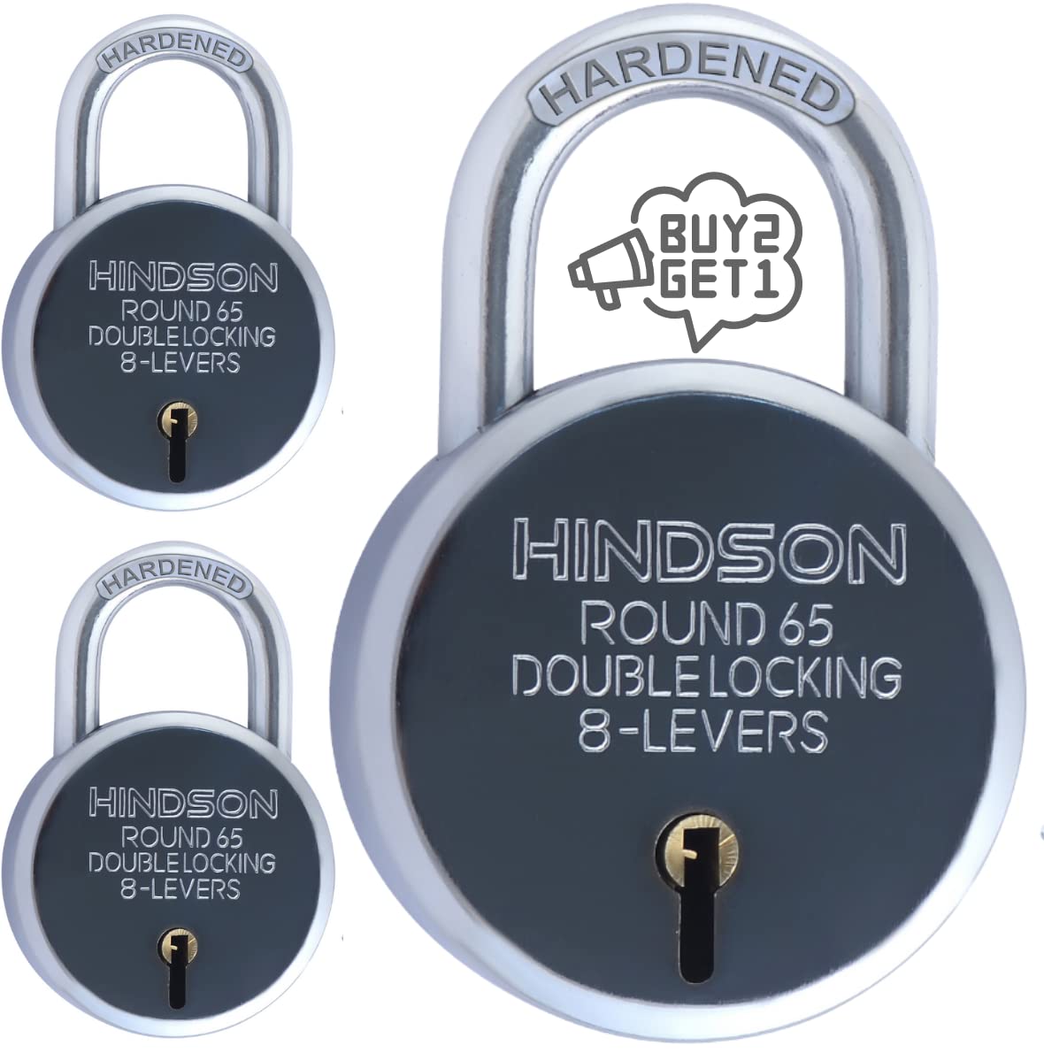 HINDSON Lock Round 65mm with 3 Key and Key Chain Steel Double Locking, 8 Lever Padlock for Door, Gate, Shutter Pack of 3 Aligarh Finish Silver (B0BPQJ4WRV) Amazon Price History, Amazon Price Tracker