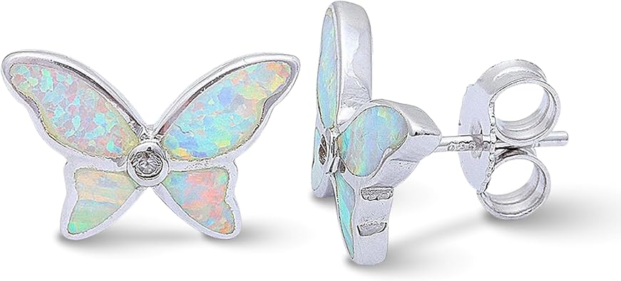 SilverCloseOut Rhodium Plated Sterling Silver Womens Cz Created Blue Opal Butterfly Stud Earrings Opal Butterfly Studs for Ladies