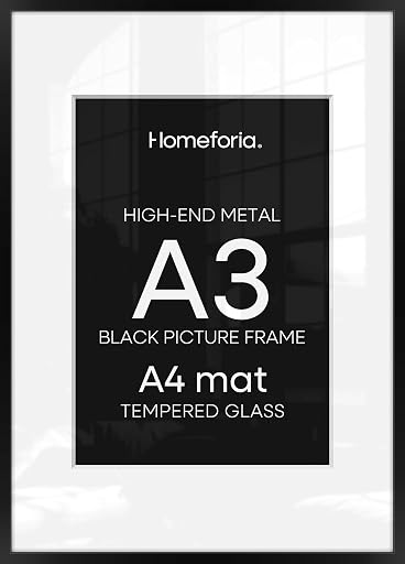 Homeforia A3 Picture Frame Black, High End Metal 11.7 x 16.5 inch Poster Frames with Mat 8.3 x 11.7 for Photo, A3 Size Frames Matted to A4 Print, 11.7x16.5 Wall Hanging Frame, Tempered Glass, Set of 1