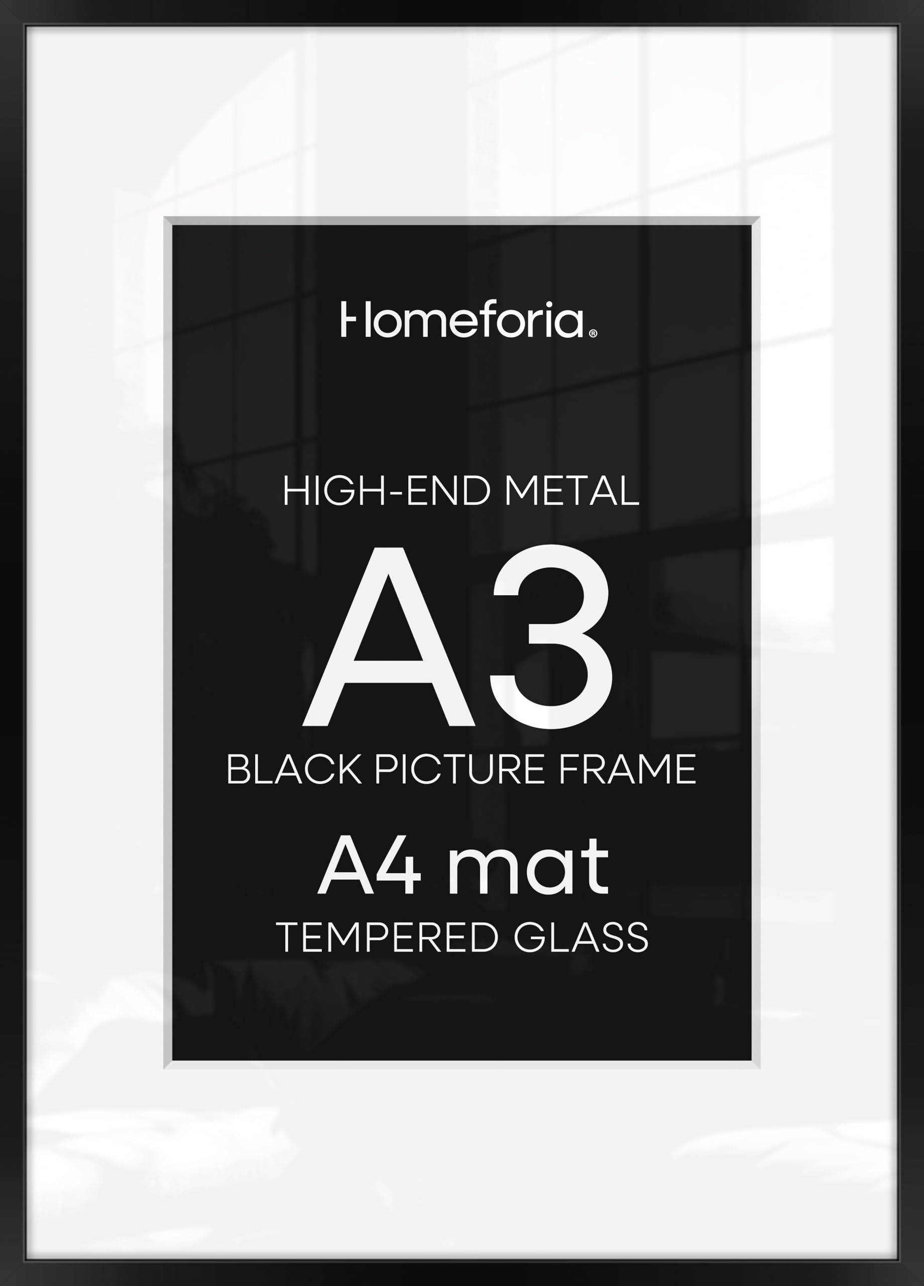 Homeforia A3 Black Picture Frame, High-End Metal, A4 Mat, Glass | High End Aluminum, Tempered Glass, Acid-Free A4 Removable Mat, A3 Edge-to-Edge Display, Wall Kit, Set Of 3