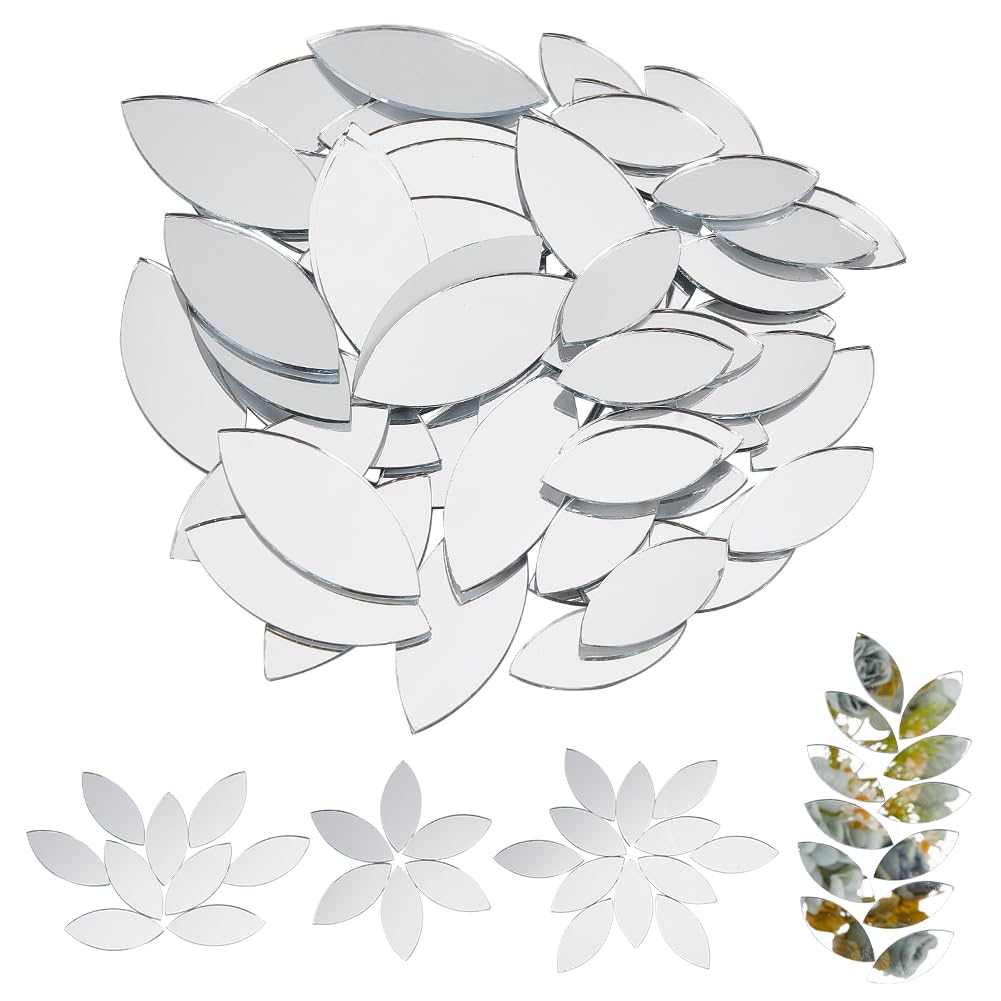 OLYCRAFT 200 piezas de espejos plateados en forma de hoja para manualidades, azulejos de espejo pequeños antiadherentes, mini azulejos de espejo de cristal, espejo de ojo de caballo, mini espejos para