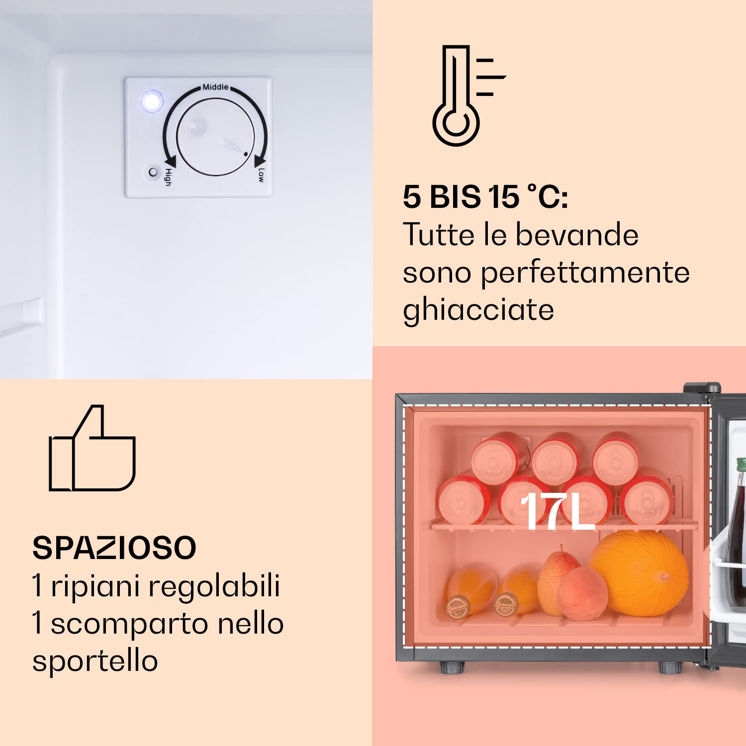 Klarstein Geheimversteck - Minibar, Mini Frigo, Mini Frigorifero per Snack e Bevande, solo 26 dB, Ripiano Estraibile, Regolazione della Temperatura senza Intervalli Predefiniti, 17 L, Nero