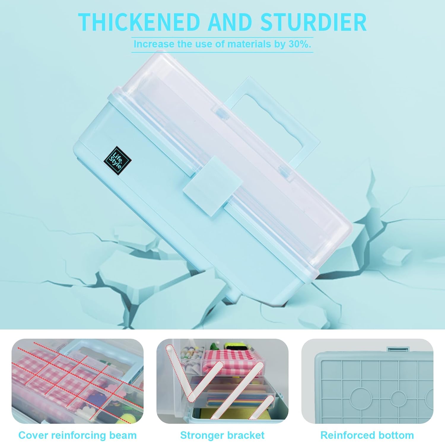 Creahaus 13 inch Art Craft Organizer Storage Box with 3 Layer, Multipurpose Plastic Tool Box with Handle for Sewing, Art Supply, Medicine, Nail, Hair Accessories (Blue) - Image 3