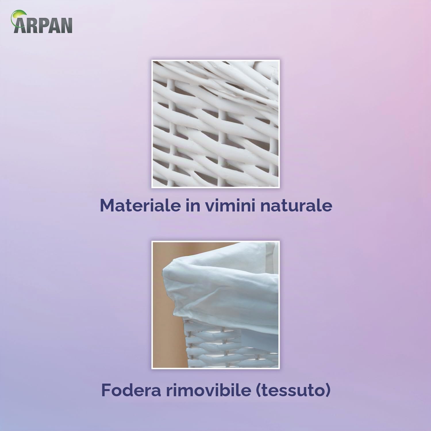 ARPAN - 2 cesti portaoggetti in vimini 100% ecologici, con panno, misura media, 36 x 25 x 15 cm, colore: bianco