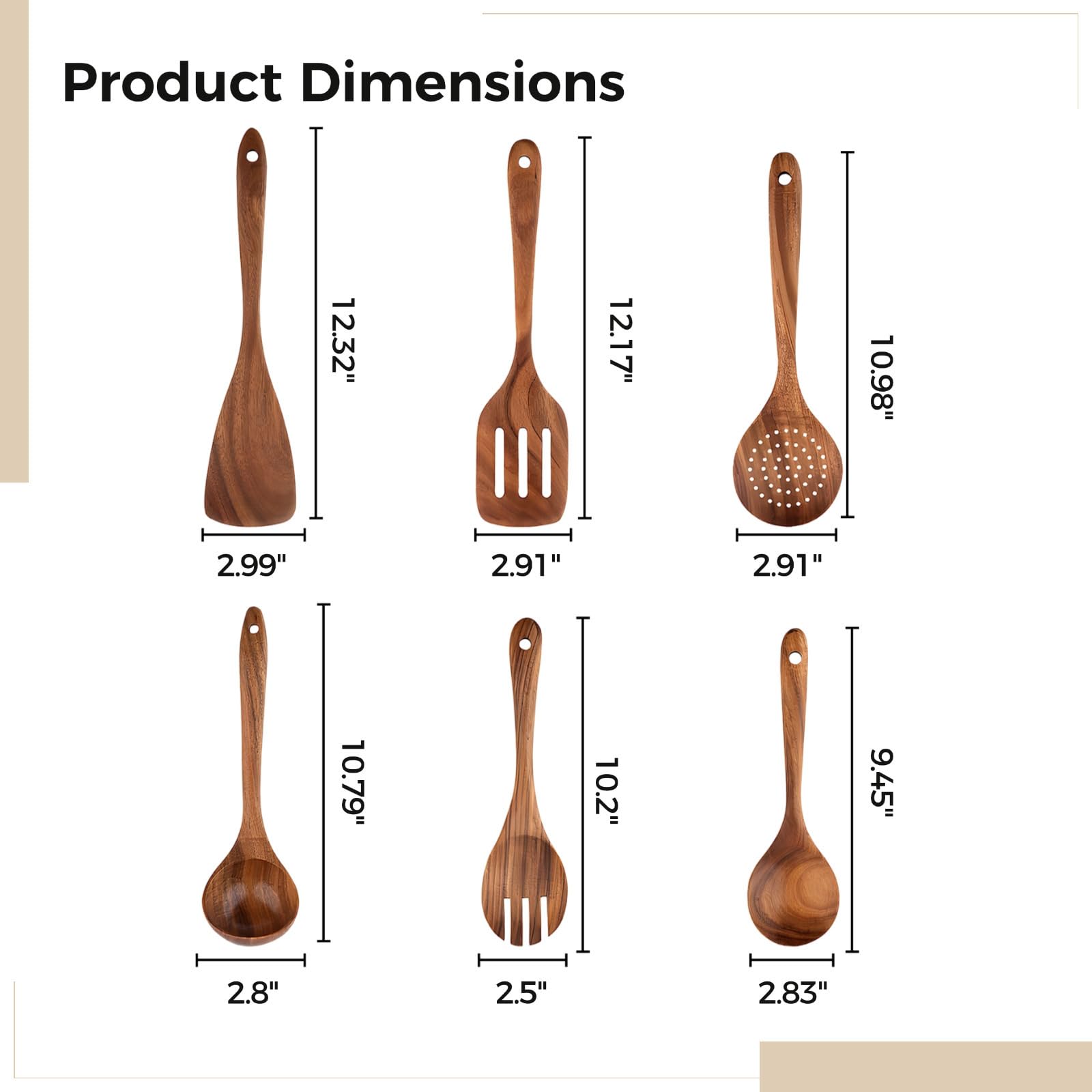 Teakholz-Kochutensilien-Set, 6-teiliges Küchenhelfer mit langem Griff, antihaftbeschichtet und hitzebeständig, ideal zum Rühren, Mischen und Servieren