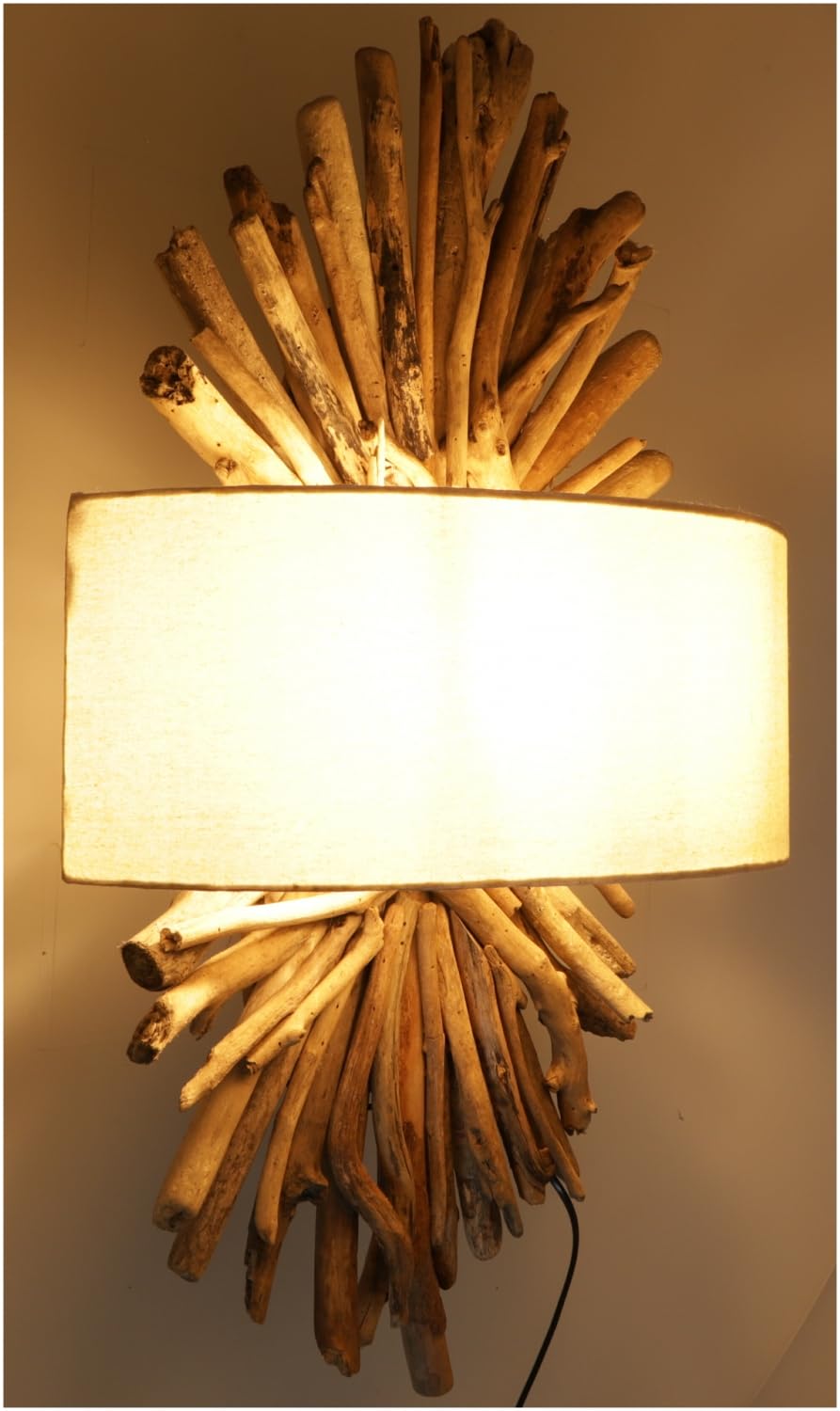GURU SHOP Lampada da Parete/applique da Parete/applique da Parete, Fatta a Mano a Bali con Materiale Naturale, Legno di Deriva, Cotone - Modello Marika, Driftwood, 75x40x20 cm, Luci a Parete