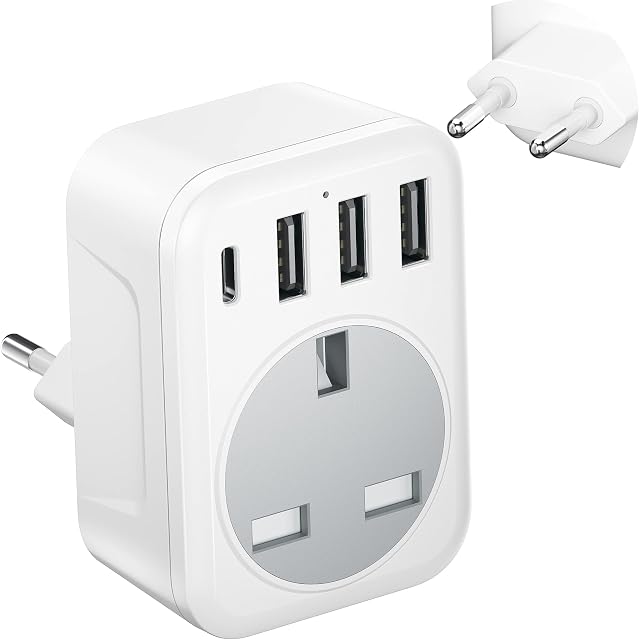FSTravelP UK to European Plug Adapter, European Plug with USB Ports ( 3 USB & 1 USB C), Travel adapter UK to Europe Use in EU Germany Spain France Norway Morocco Italy Switzerland etc Type C Plug