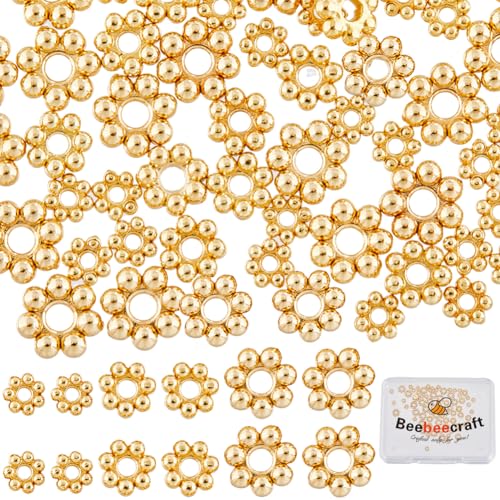 Beebeecraft 1 Box 90Pcs 3,4,5mm Flower Spacer Beads 18K Gold Plated Stainless Steel Tibetan Style Round Floral Granulated Loose Beads with Large Hole for DIY Craft Bracelet Jewellery Making