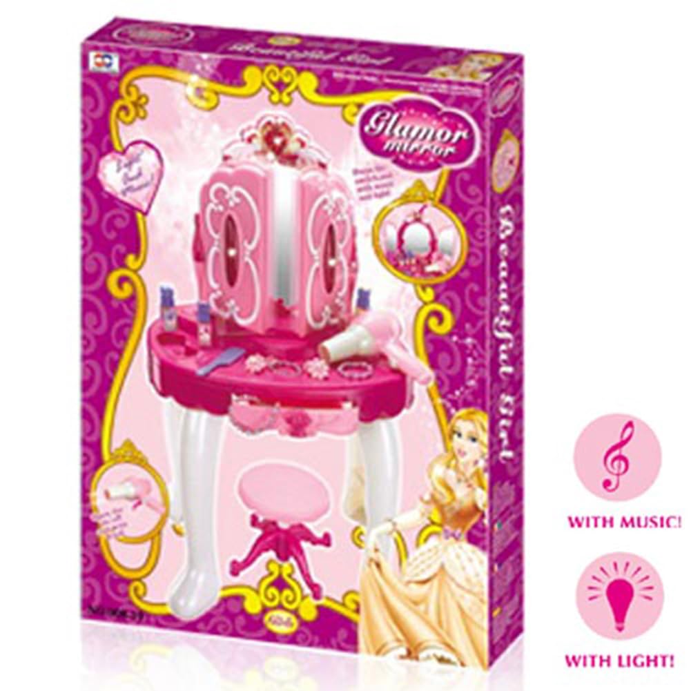 BAKAJI Specchiera Make-Up per Bambini, Toeletta Giocattolo con Sgabello, Ballerina con Luci e Suoni, Asciugacapelli funzionante a Batteria e Tanti Accessori Playset Gioco Immaginazione 45 x 32 x 72 cm