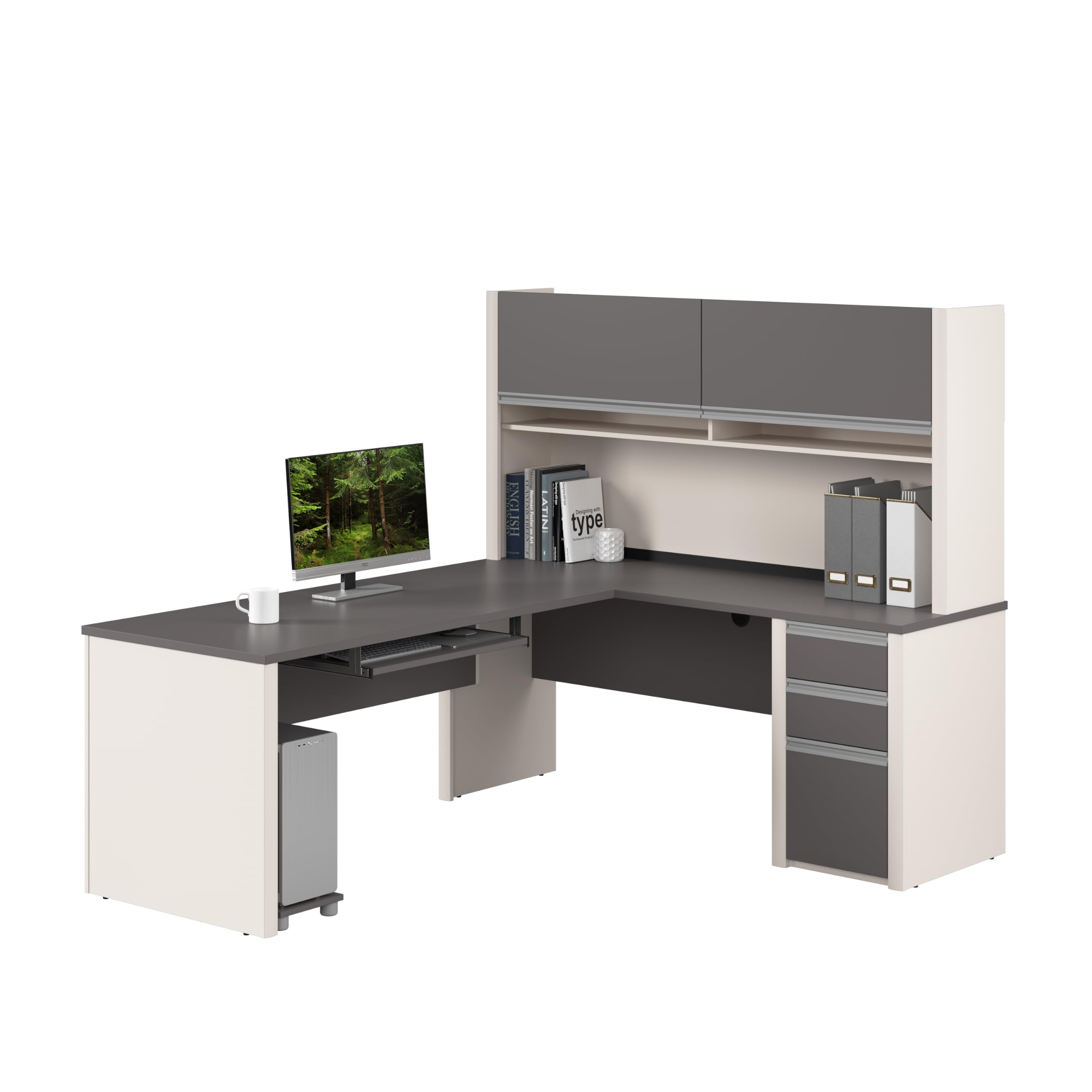 Bestar Connexion L shaped desk with hutch and pedestal in slate and sandstone
