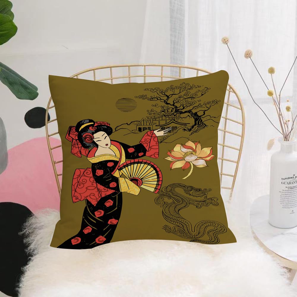HYOSXW Cushion Cover,Throw Pillow Case Home Decorative for Living Room Bedroom Sofa Chair 16X16 Inch,Geisha picture with traditional Japanese patterns,Pillowcase 40X40cm