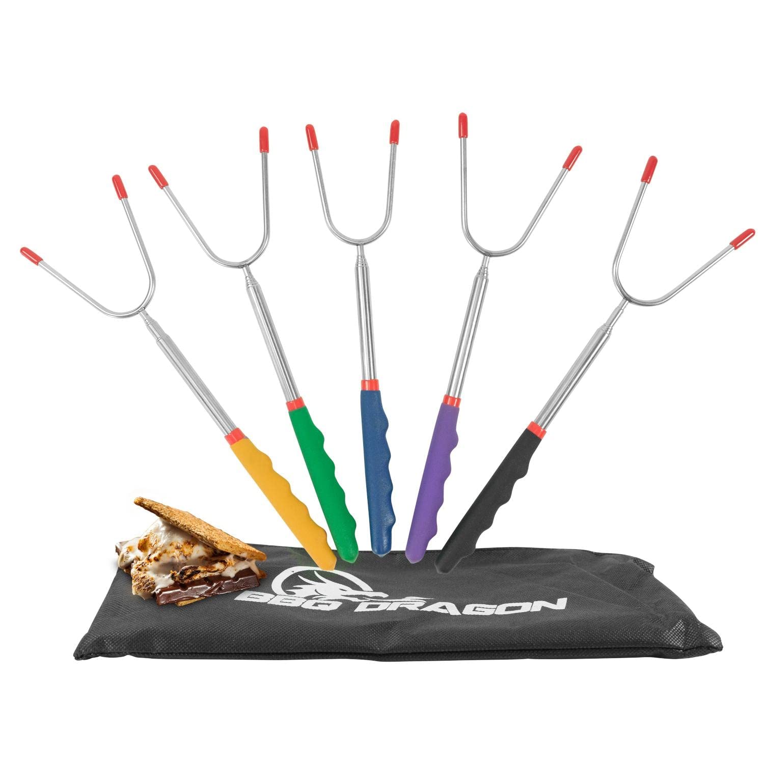BBQ Dragon Smores Kit – 5 Extra Long Smore Sticks for Fire Pit – Telescoping Marshmallow Roasting Sticks – Durable Skewers for Smores and Hot Dogs –