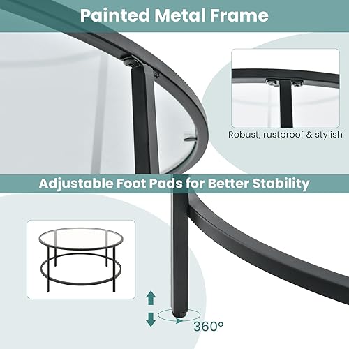 Miniatura 7 de Giantex Mesa de centro redonda de 36 pulgadas de D, moderna mesa de centro con mesa de vidrio templado, marco de metal y almohadillas ajustables