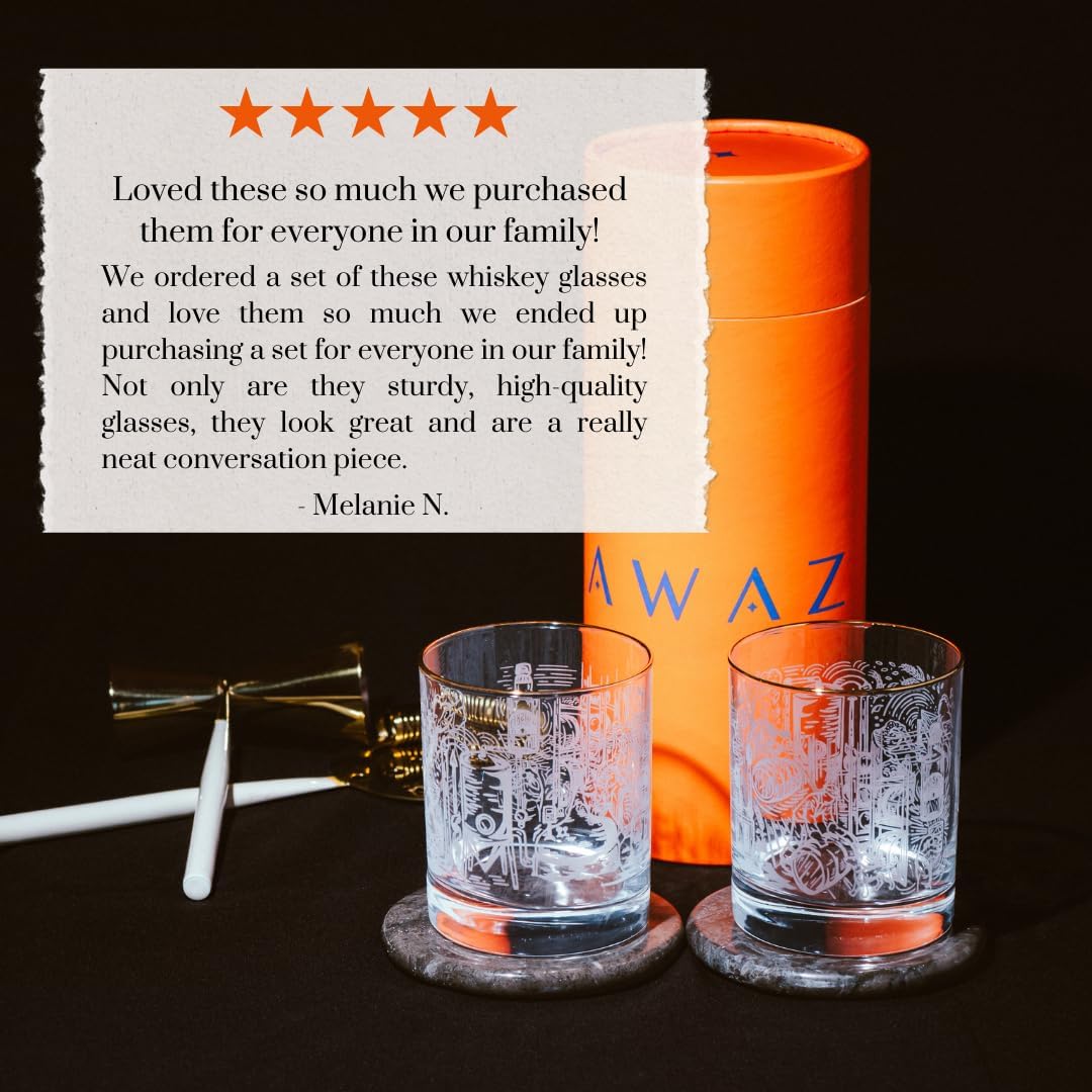 AWAZ Whiskey Glasses – Set of 2, Engraved with Whiskey-Making Process, 24k Gold Rim – 11oz Scotch, Bourbon Lovers Glass – Best Gift - Men, Dad, Husband, Coworker – Holiday, Birthday, Retirement - Image 4