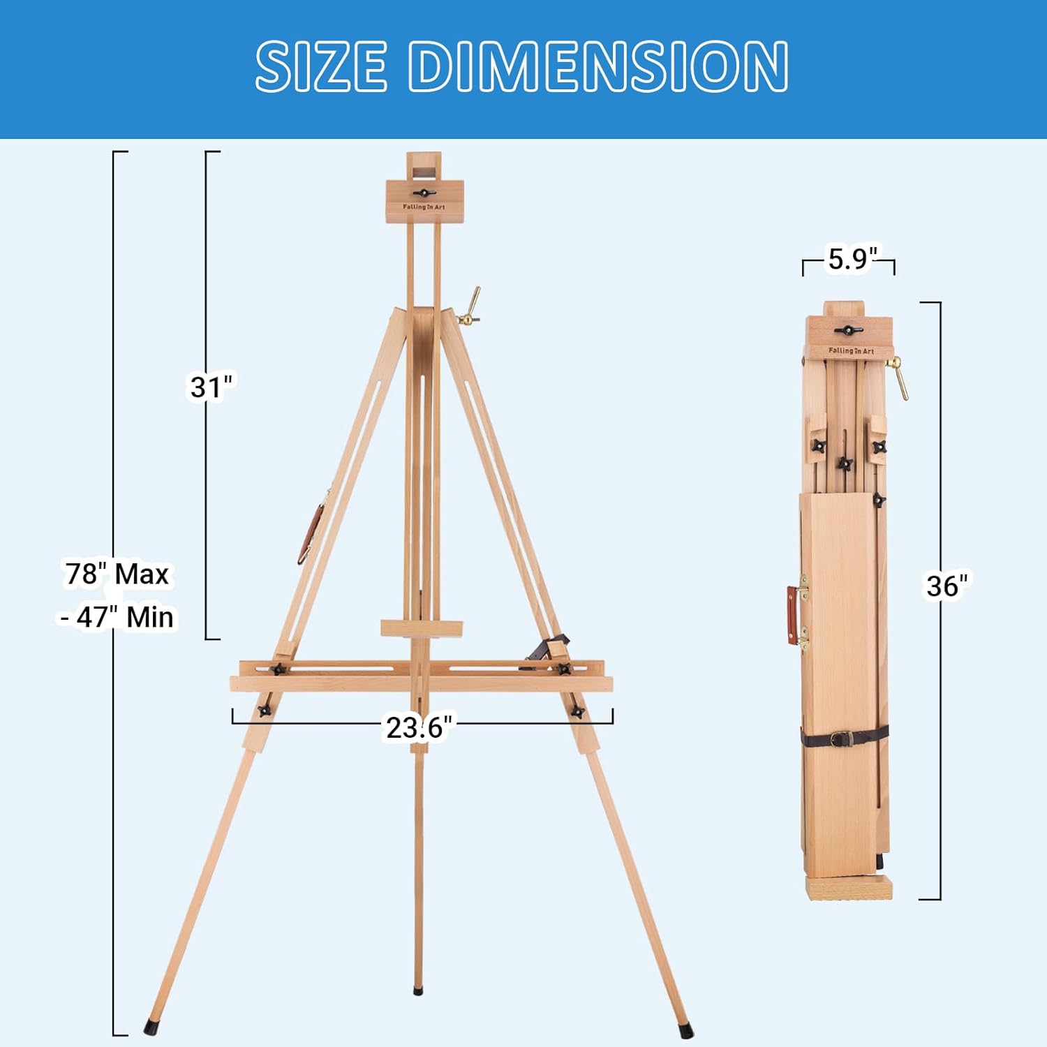 Falling in Art Tripod Field Painting Easel, Portable Artist Easel for Plein Air Painting, Adjustable Solid Beech Wood Art Easel for Adults, Holds Canvas up to 31 inches