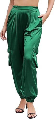 ZAFUL Womens Satin Joggers 2025 Boho Chic Cargo Jogger Pants High Waisted Stretch Silk Ankle Pants Slack Trousers