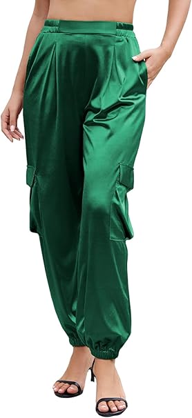 ZAFUL Womens Satin Joggers 2025 Boho Chic Cargo Jogger Pants High Waisted Stretch Silk Ankle Pants Slack Trousers