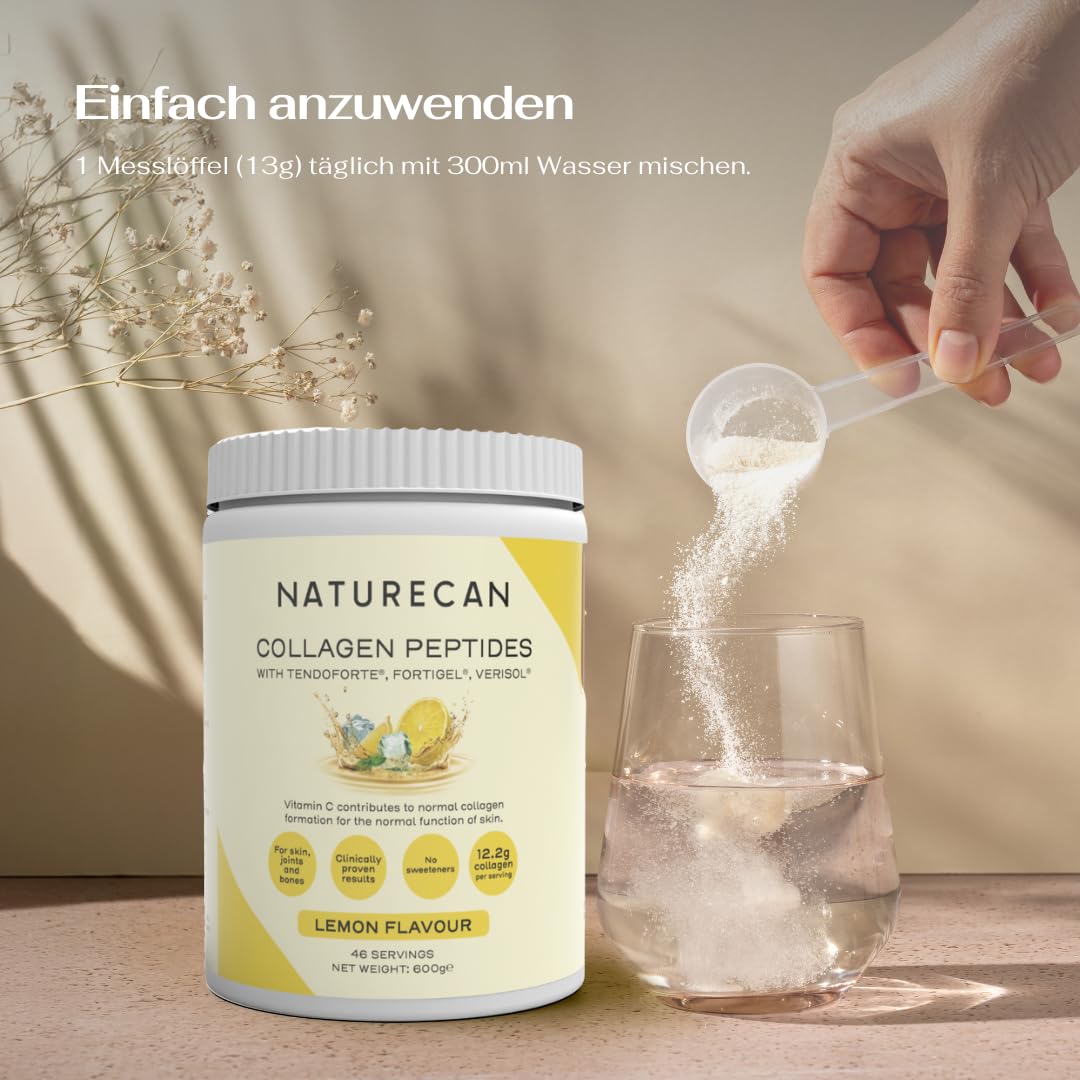 NATURECAN Peptydy kolagenowe, z witaminą C, cynkiem i miedzią, 12,5 g kolagenu na porcję, łatwo rozpuszczalne, wyprodukowano w Niemczech (600 g, Cytryna)
