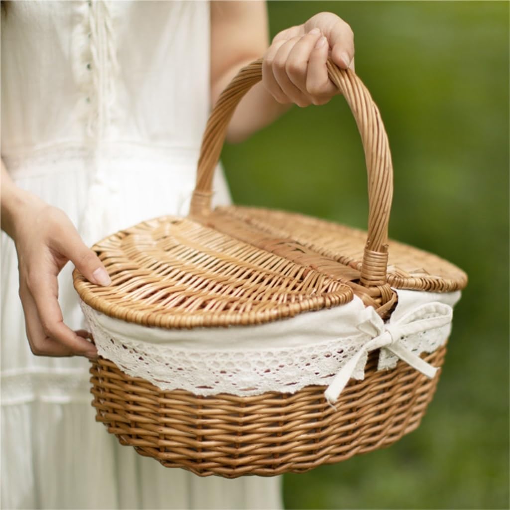 YGDYFDC Picknickkorb Handgeflochtener Korb Aus Rattan Und Bambus,  Pastoraler berdachter Picknickkorb, Outdoor-Korb Aus Korbgeflecht  Picknickkorb Geflochten(31 * 21 * 26cm) : Amazon.de: Garten