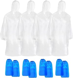 4 Pcs Disposable Rain Ponchos, Emergency Raincoats Waterproof Ponchos Transparent Lightweight Rain Coats with Drawstring Hood, Light Weight Rain with Hood Women Men,with 4 Pairs of Shoecovers