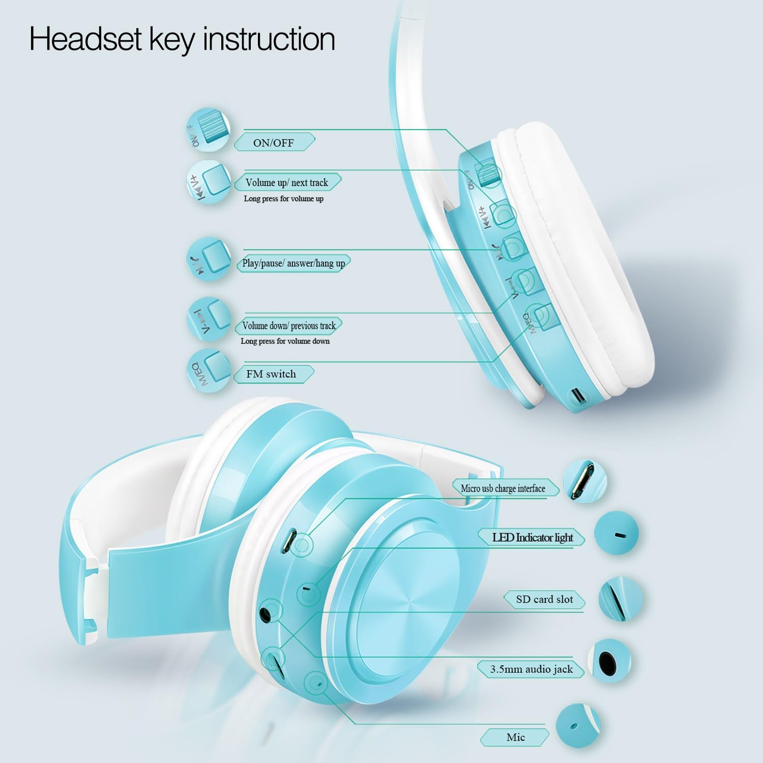 RAT TAIL Auriculares Bluetooth V5.0 sobre la oreja, plegables, inalámbricos y estéreo con cable, micro SD/TF, FM para teléfono celular, PC, orejeras suaves y ligeros para un uso prolongado (azul)