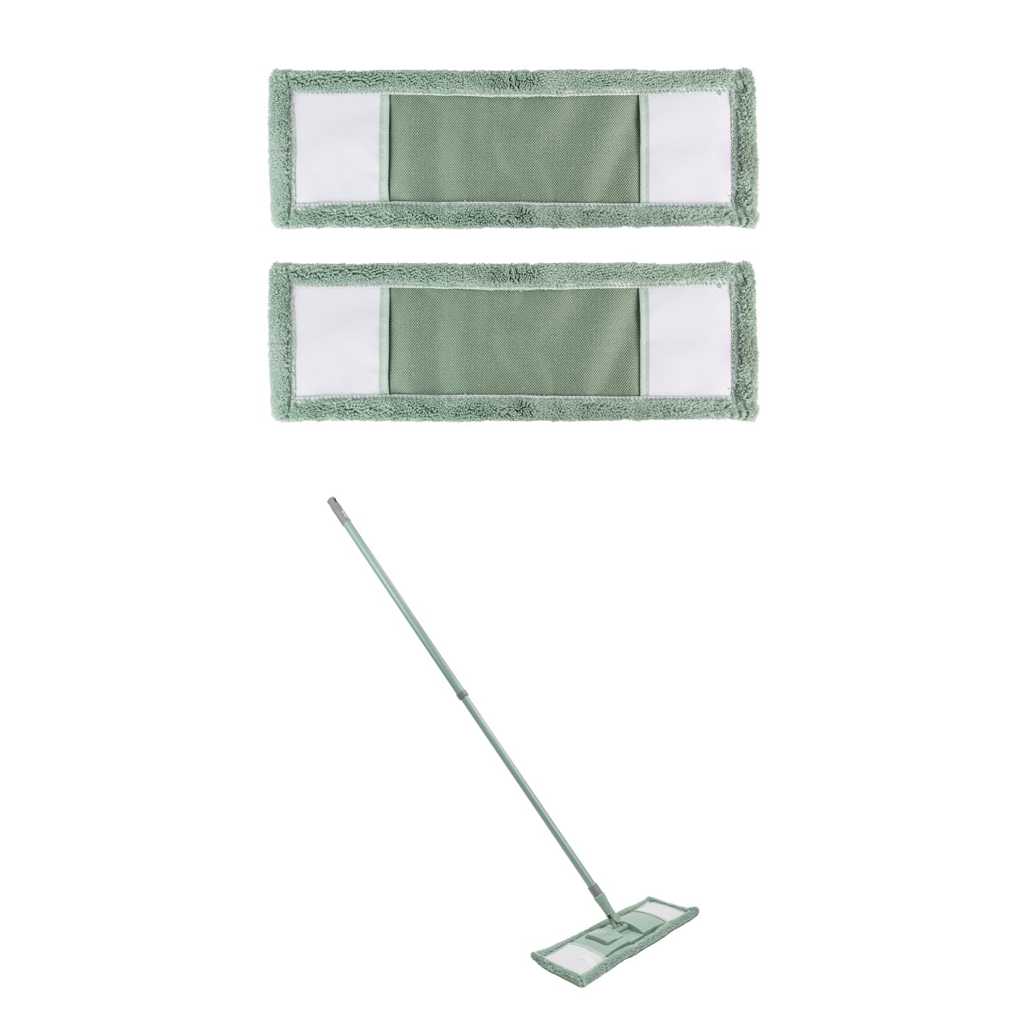 Jvl Green Extended Microfibre Mop With 2 Replacement Heads – Flat Floor Cleaner With Long Handle – Machine Washable & Reusable –