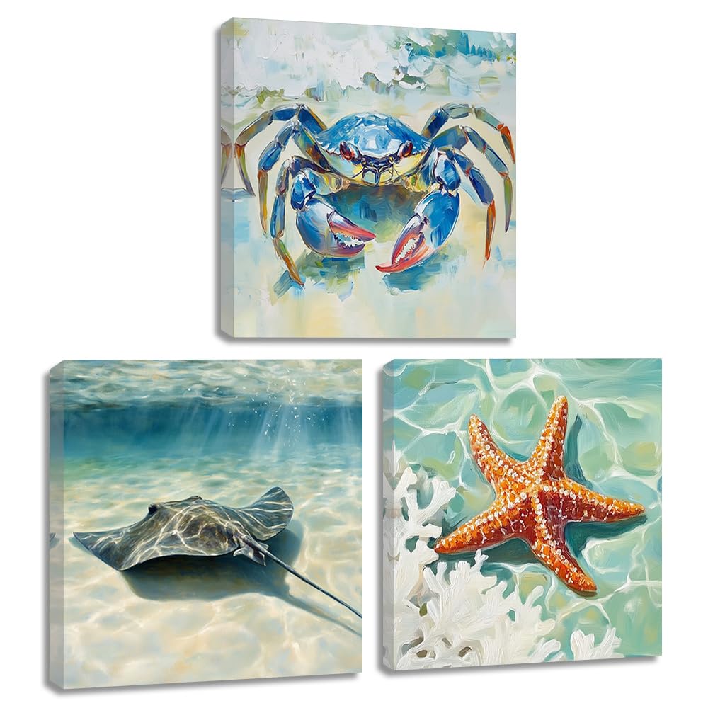 ZQQART Leinwandbilder mit blauer Krabbe 3er Set Krabbe Mantarochen Seestern Nautische Badezimmer und Stranddekoration Küstenkunst mit Rahmen (50x50cmx3)