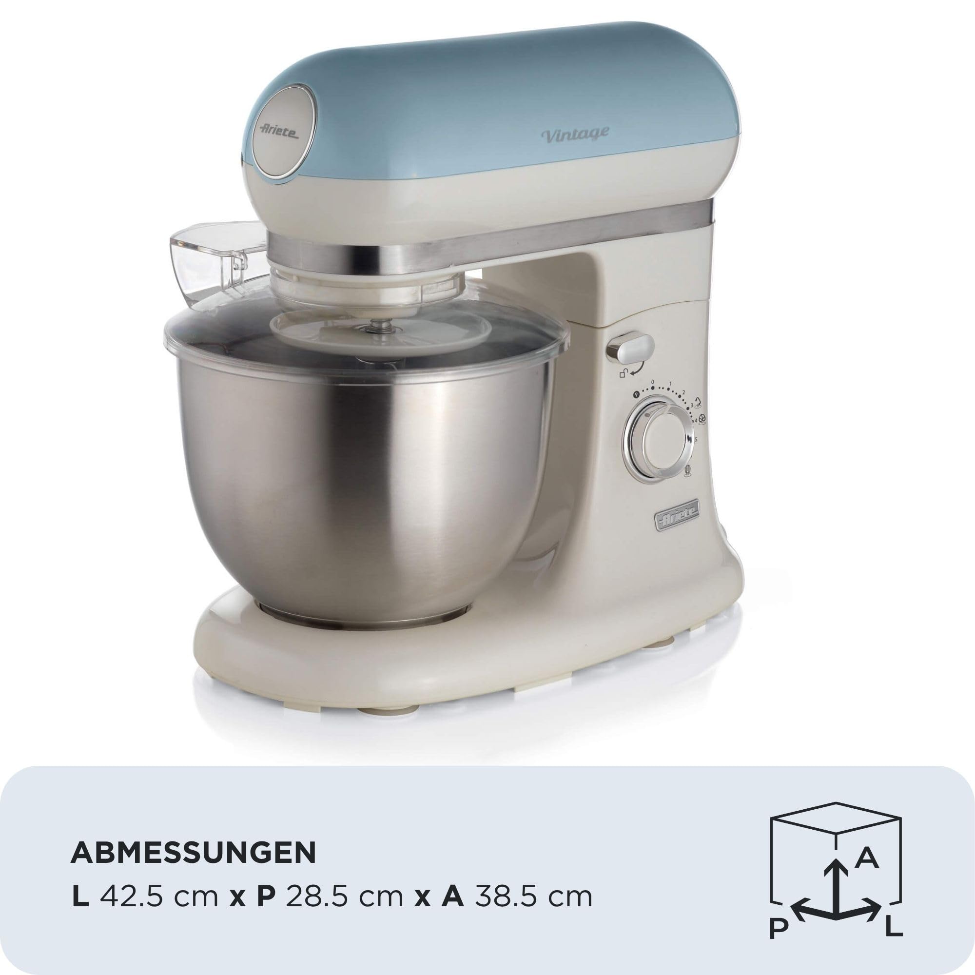 Ariete Vintage 1588 Knetmaschine, Retro Planeten-Rührwerk für Brot-, Pizza-, Kuchen- & Gebäck-Teig, Knethaken, Schneebesen, 5,5 L Fassungsvermögen, 7 Geschwindigkeiten + Pulse-Funktion, 1200W, Blau
