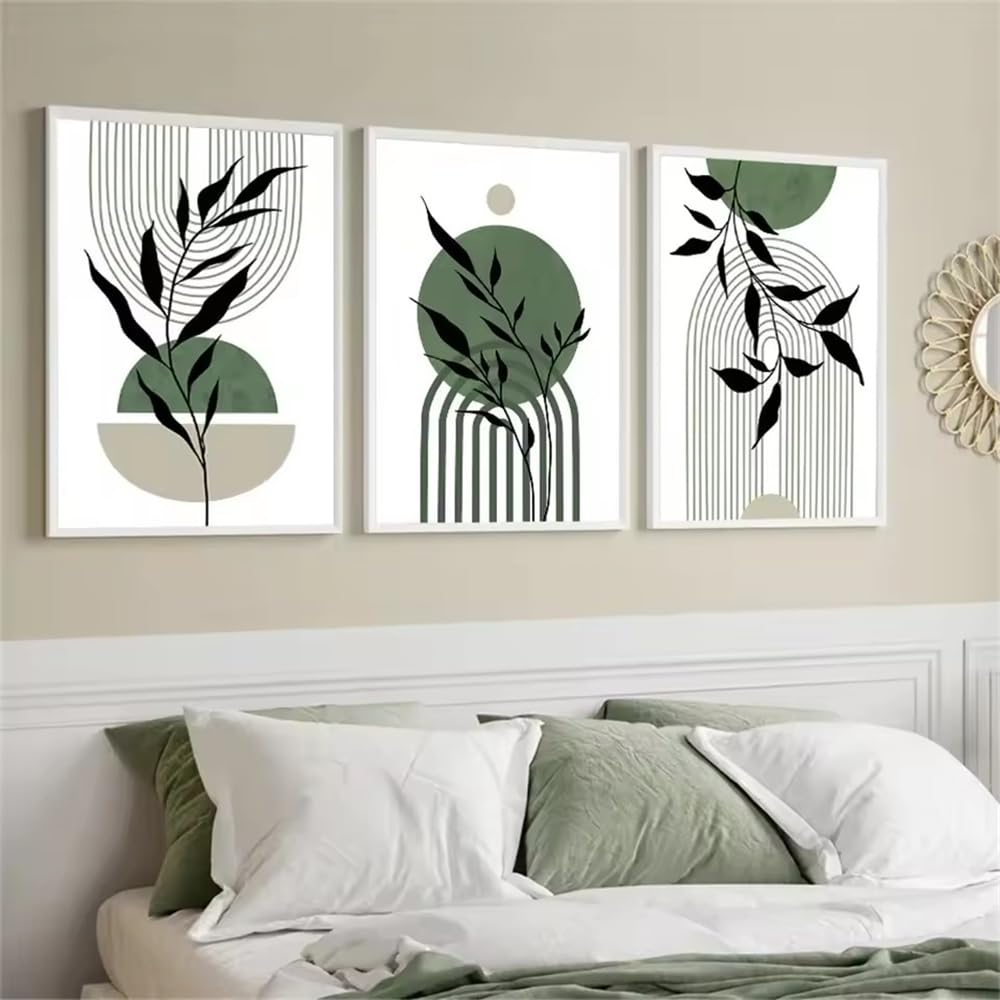 Wbyzac Multicolored Wall Pictures-Boho Geometry Line Leaves Minimalist Poster Canvas Painting Abstract Green Wall Art Print Picture Living Kitchen Room Home Decor-30 * 50Cm*3Pcs (No Frame)