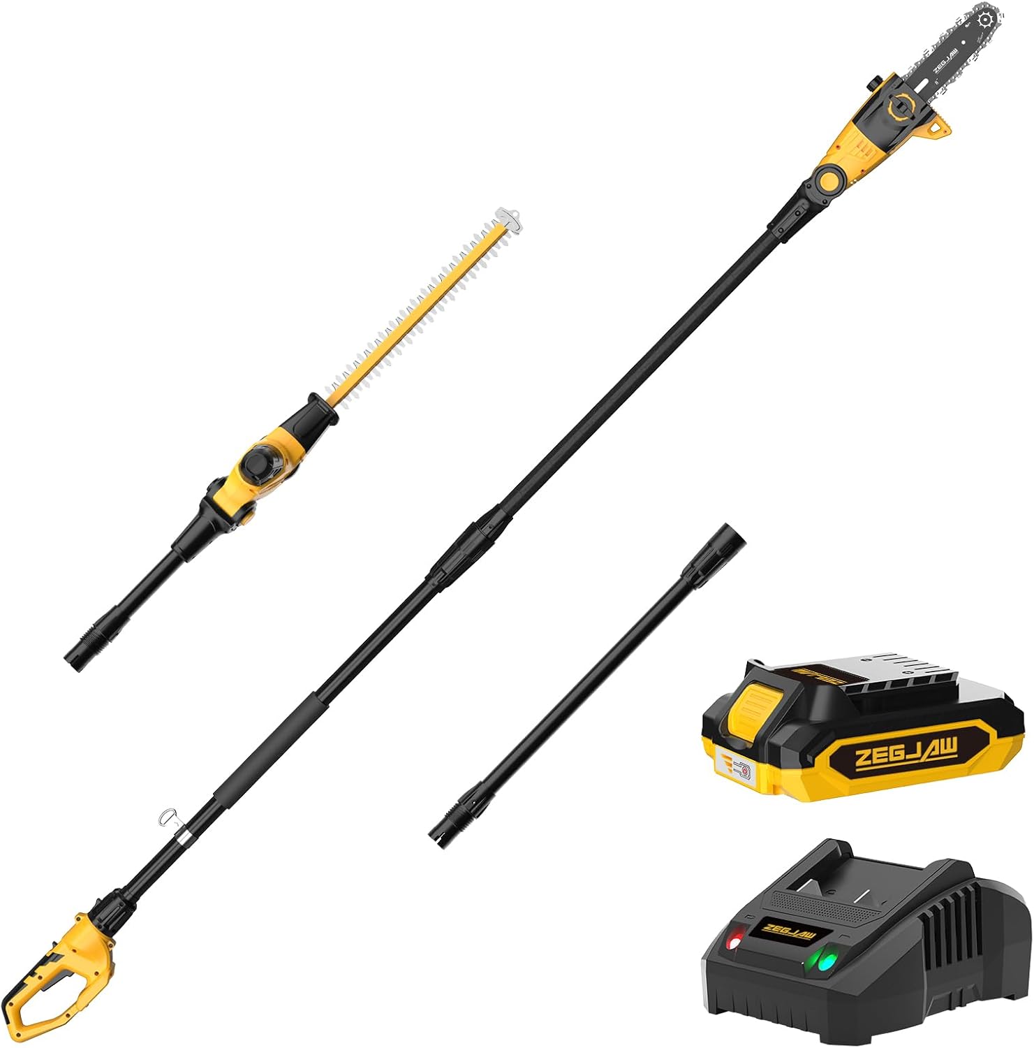 Pole Saw 8-Inch Cordless Tree Trimmer and 18-Inch Pole Hedge Trimmer 2-In-1,15-Feet Max Reach, Auto Oiling, Telescoping Pole Chainsaw with 2.0Ah Battery & Charger 15ft 2-in-1 Cordless Pole Saw