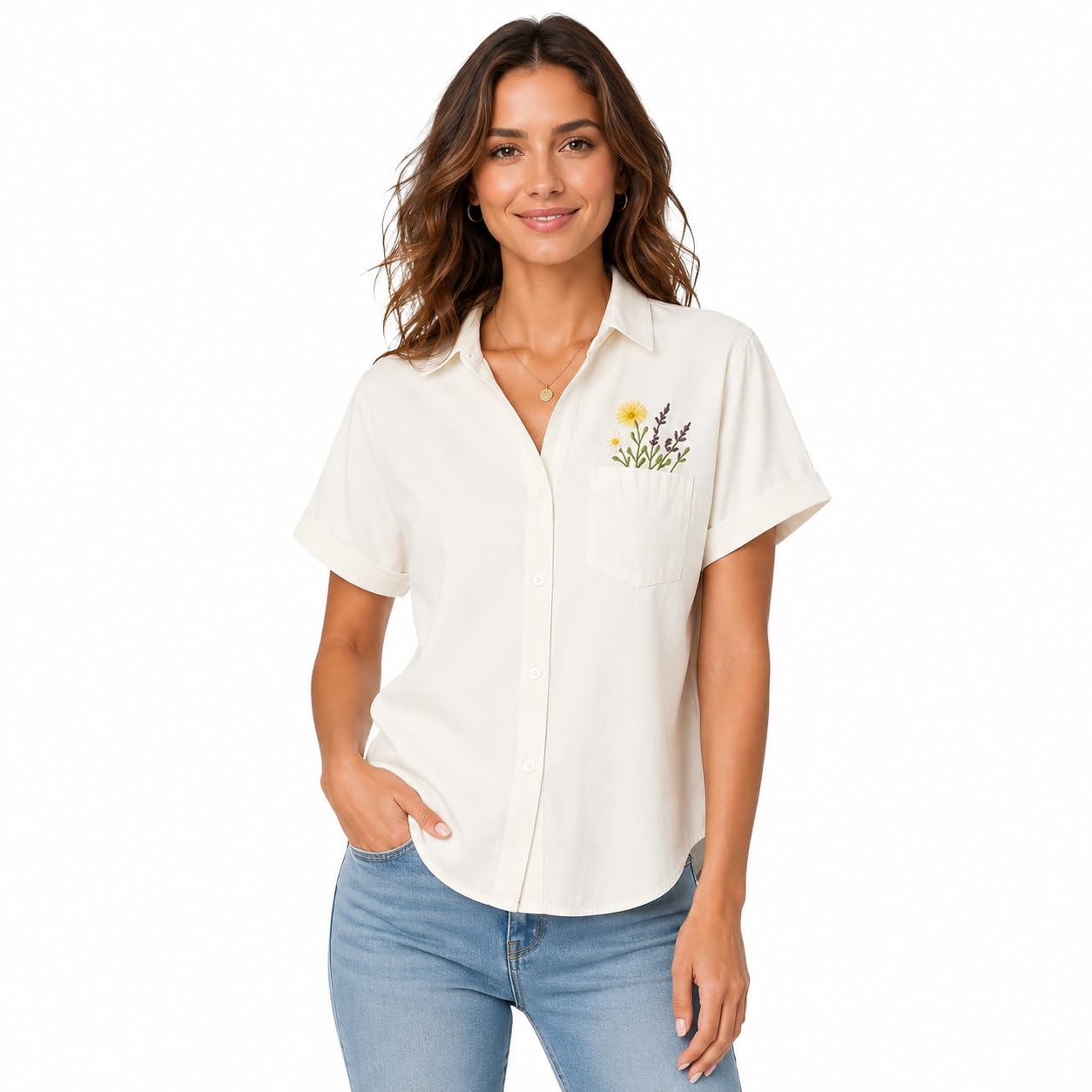 Women's Short Sleeve Button-Down Shirt, Cream, Floral Embroidered Pocket, Casual Summer Top-picture-44