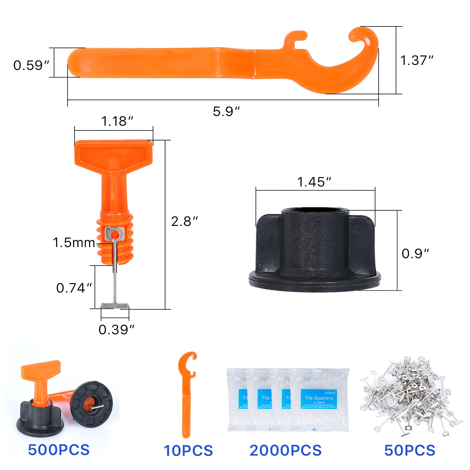 500 Stück Fliesen-Nivellier-Abstandshalter und 2000 Stück 2 mm Fliesen-Nivelliersystem 1/16 Kit mit 10 Spezialschlüssel und 50 Stahlstiften, Fliesen-Montagewerkzeug-Set für Bauwände und Böden (500)