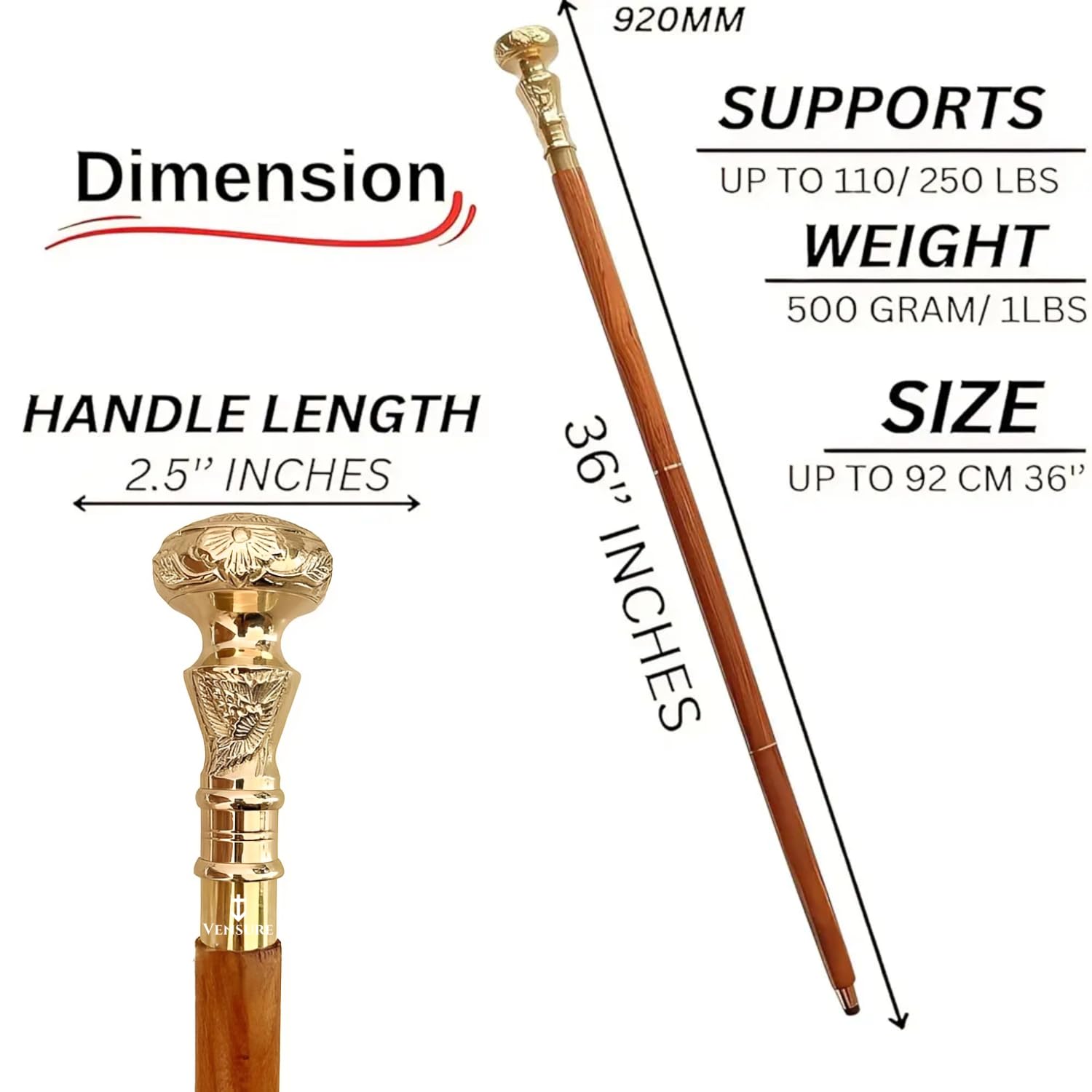 Bastón plegable de latón con mango victoriano, telescopio victoriano [36 pulgadas], bastón de madera para regalo para hombres y mujeres, VNT-022