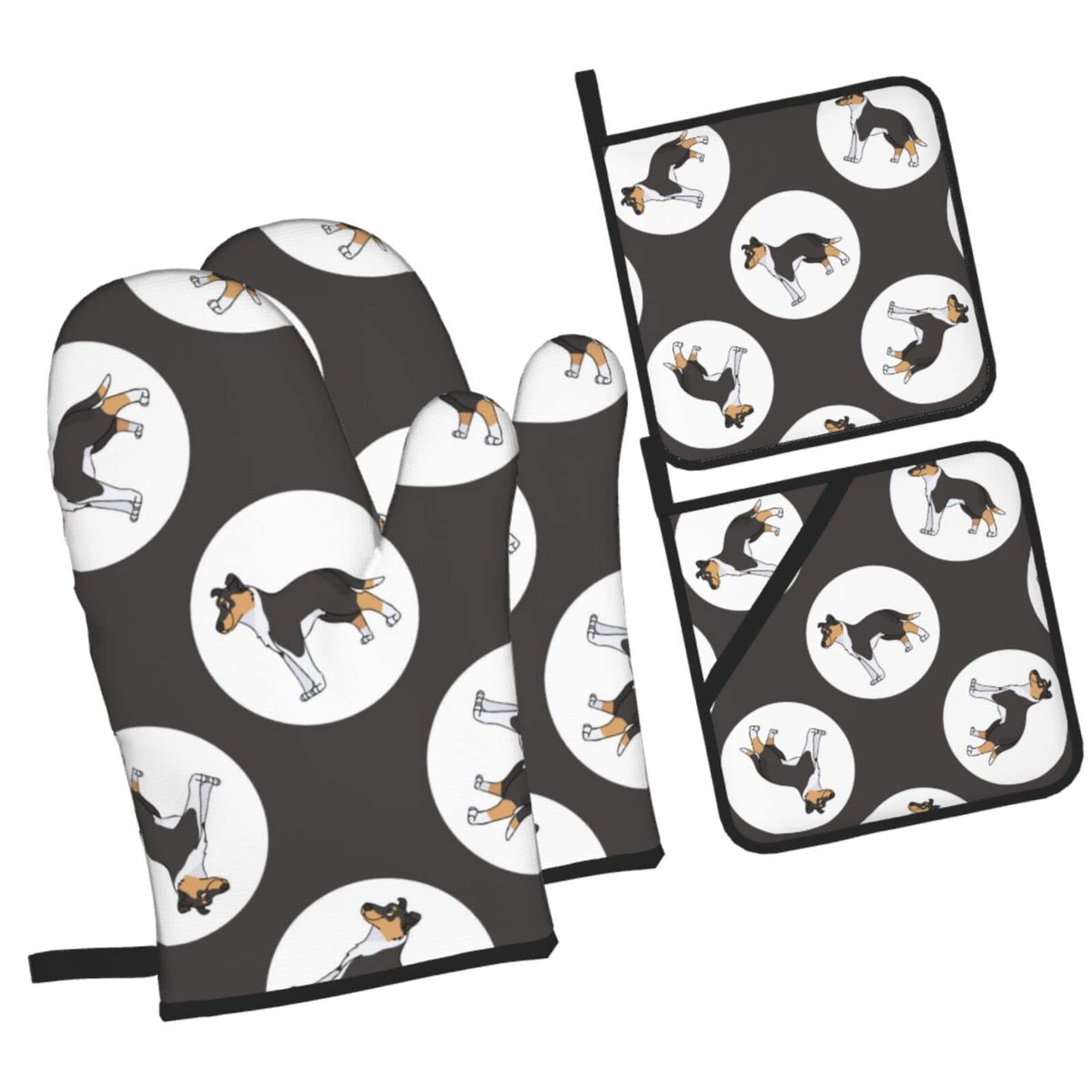 Cute Collie Round Pattern Oven Mitts and Pot Holders Sets, Christmas Oven Mitt Kitchen Heat Resistant Non-Slip Pot Holders Set for Cooking Baking BBQ