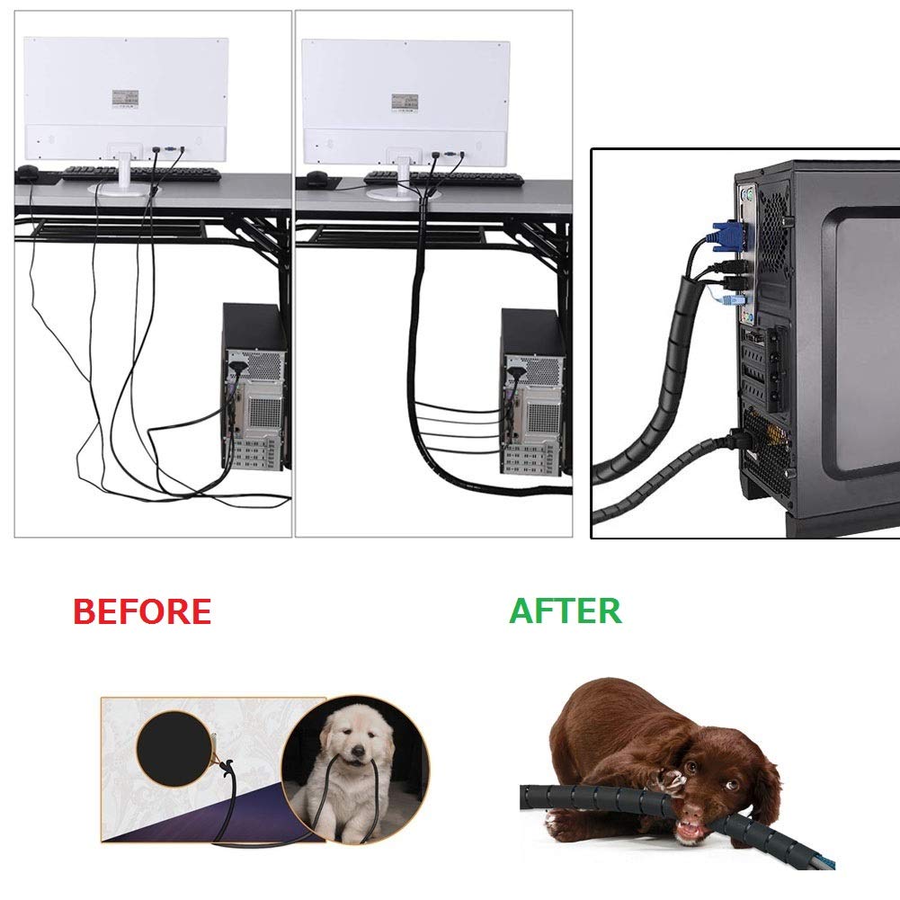 Manicotti neri per la gestione dei cavi del computer, grande copertura per cavi da 2,8 cm a prova di animali domestici per fili e tubo organizer per cavi da 2,2 cm, per casa, TV, ufficio,