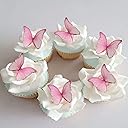 GEORLD Edible Wafer Paper Butterflies Set of 48 Pink Cake Decorations, Cupcake Topper