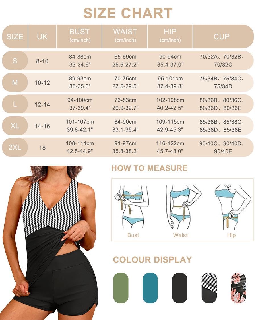 Tankini Mujer Traje de Baño 2 Piezas Push Up Cuello V Bolsillos Bikini Vientre Plano
