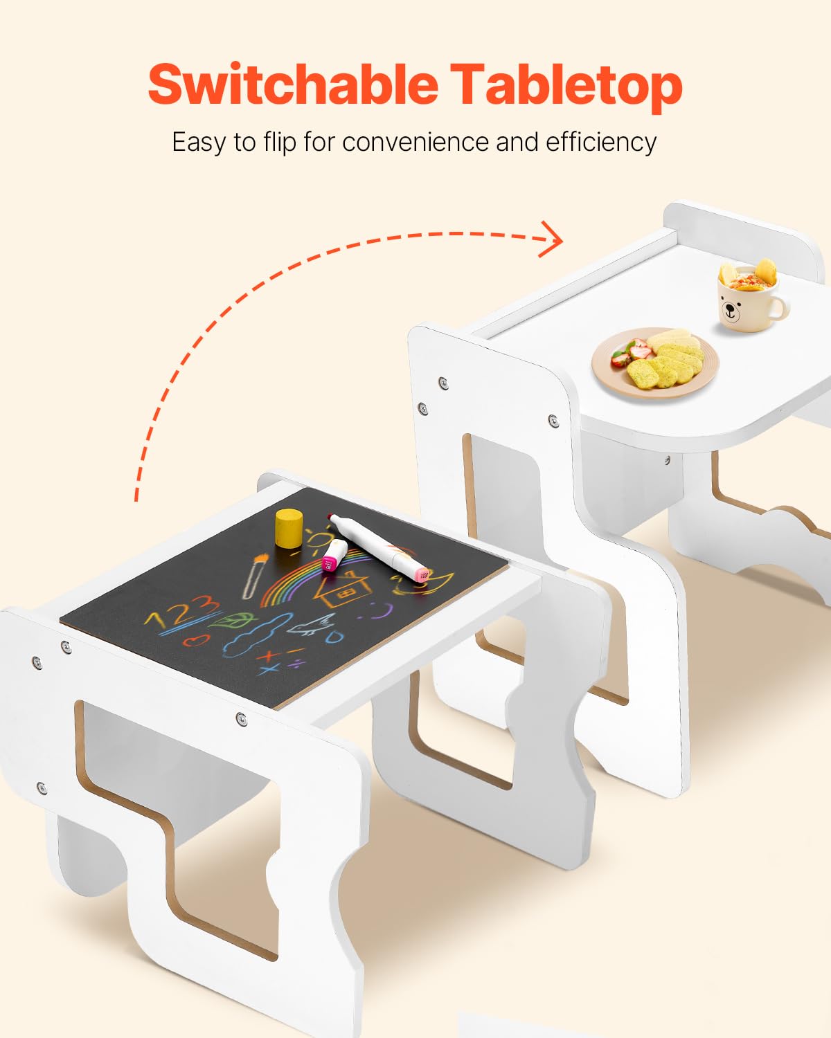 VEVOR Ensemble Table et Chaises pour Diversification Alimentaire Enfants, Mobilier pour DME en Bois avec Tableau Noir, Table de Sevrage Hauteur Réglable, pour Dessiner Lire Manger, Tout-Petits, Blanc