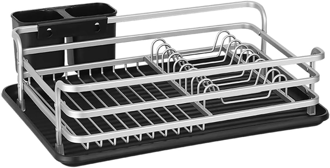 Garneck Dish Drying Rack for Kitchen Counter with Drainage Silver Metal Dish Drainer with Cutlery Holder Compact Sink Rack and Drying