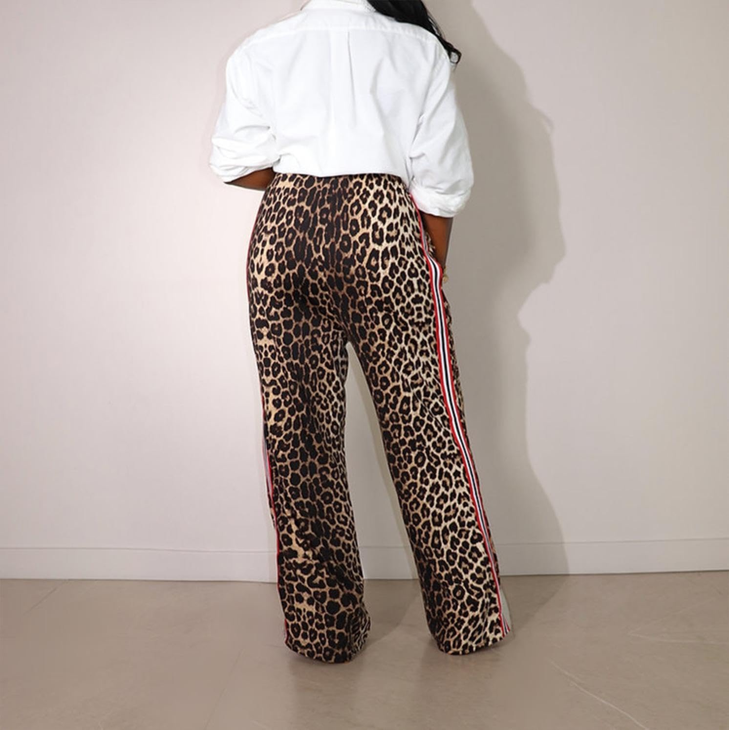 watersouprty Womens Leopard Print Elastic High Waist Long Pants Wide Leg Loose Trousers with Pockets - Image 2
