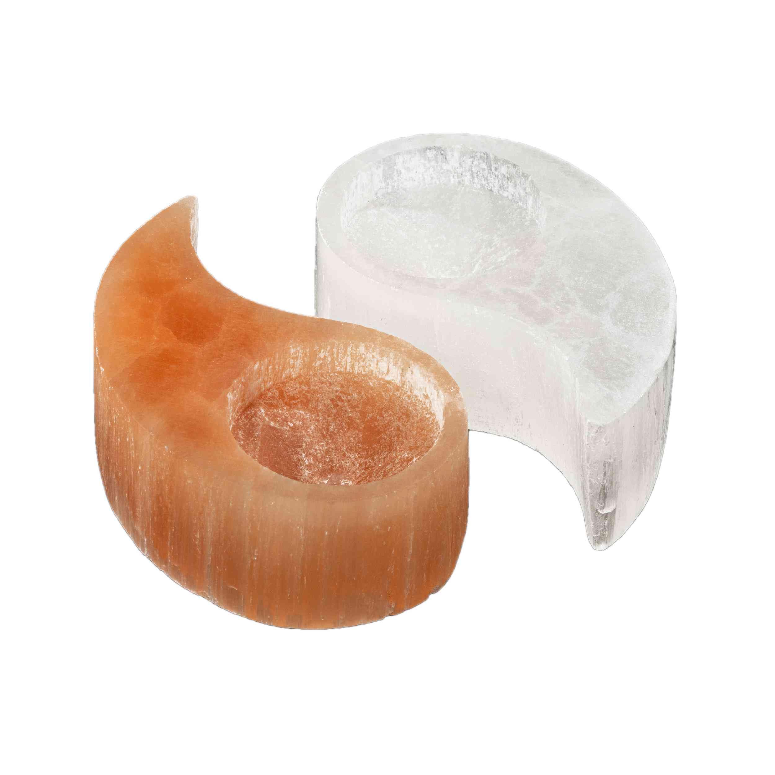 NKlaus Yin-Yang Selenite Orange / White Tealight Holder - Handmade Polished Decoration for Feng Shui, Meditation & Wellness, Spiritual Light Source for Harmony & Energy Work