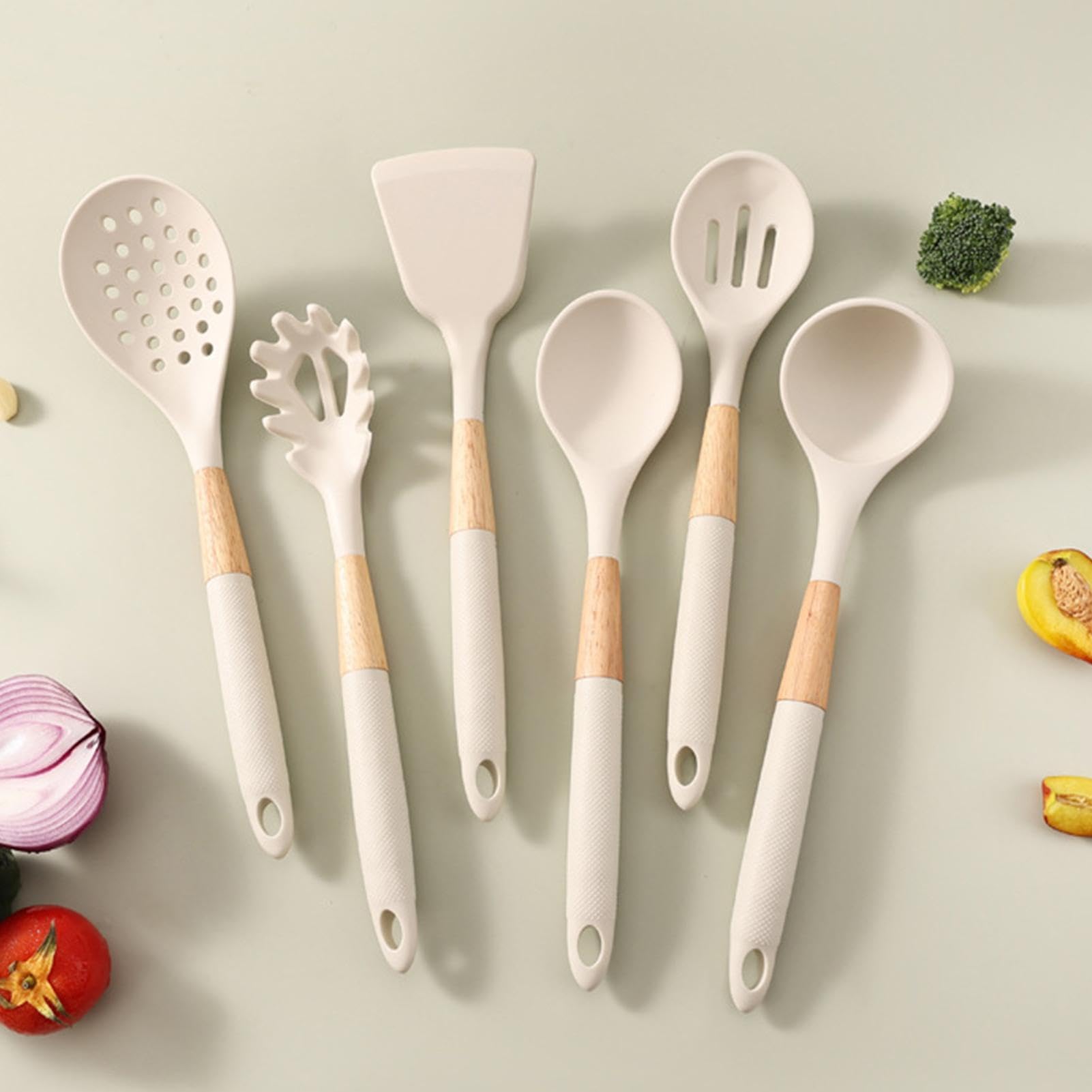 Set di 7 utensili da cucina in silicone, lavabili in lavastoviglie, per pentole antiaderenti, con cucchiai, mestolo, spatola, ideali per casa, appartamento, ristorante