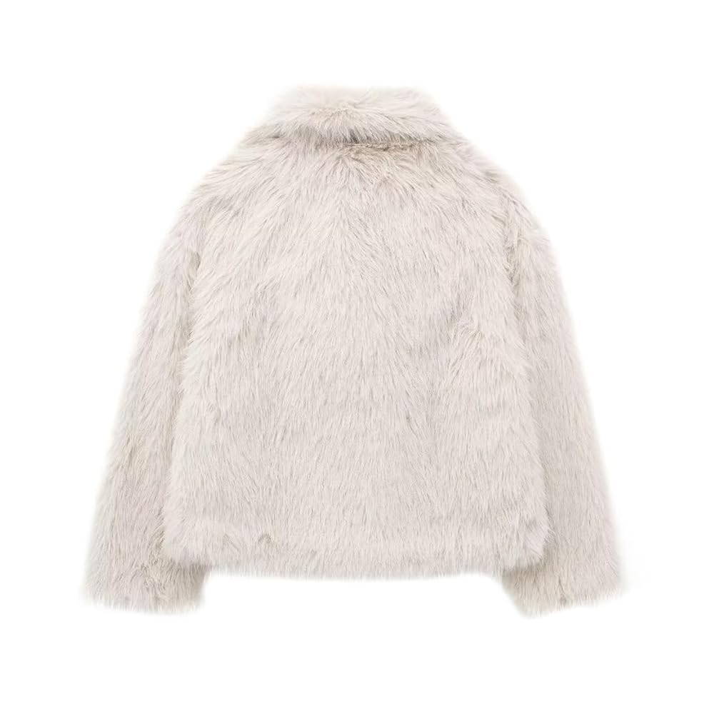 Women Faux Fur Coat Fluffy Jacket Long Sleeve Lapel Furry